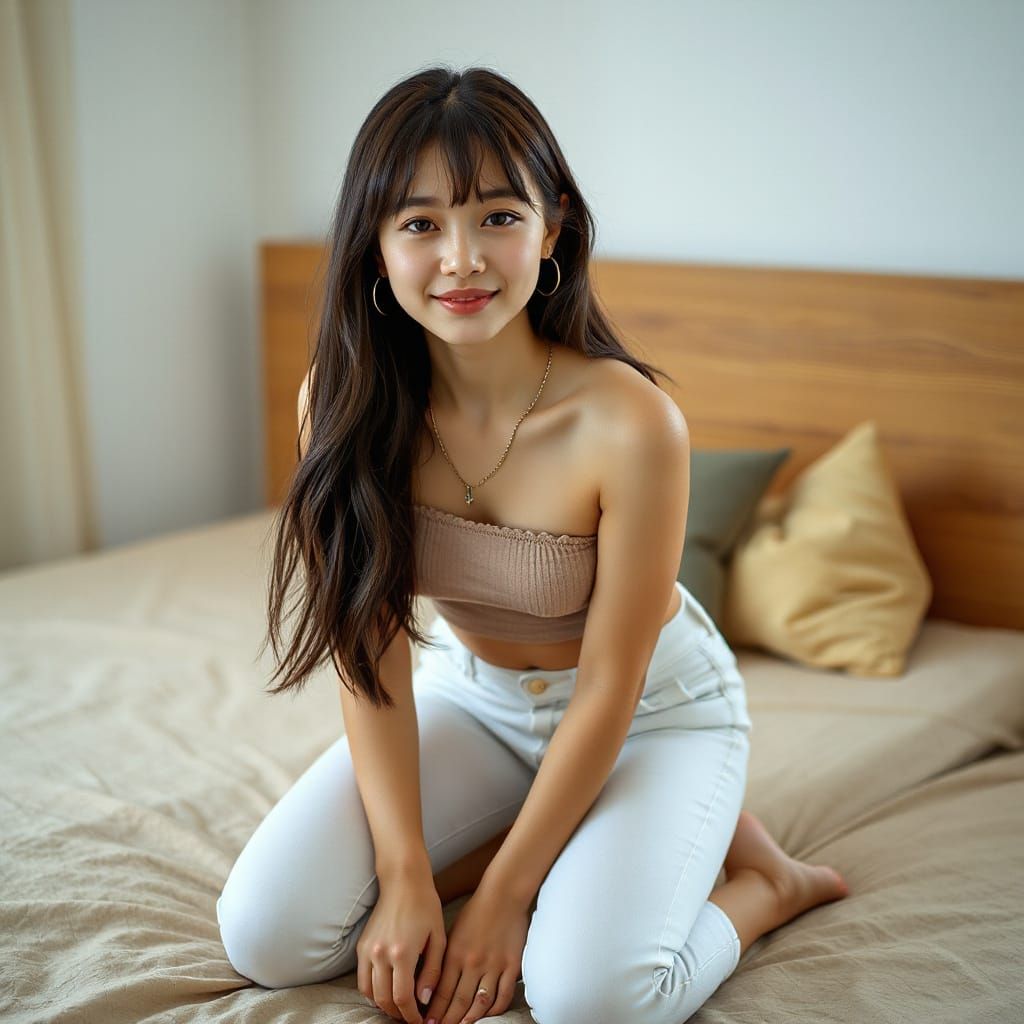 Hyper-Realistic Portrait of a Young Woman on Plush Bed