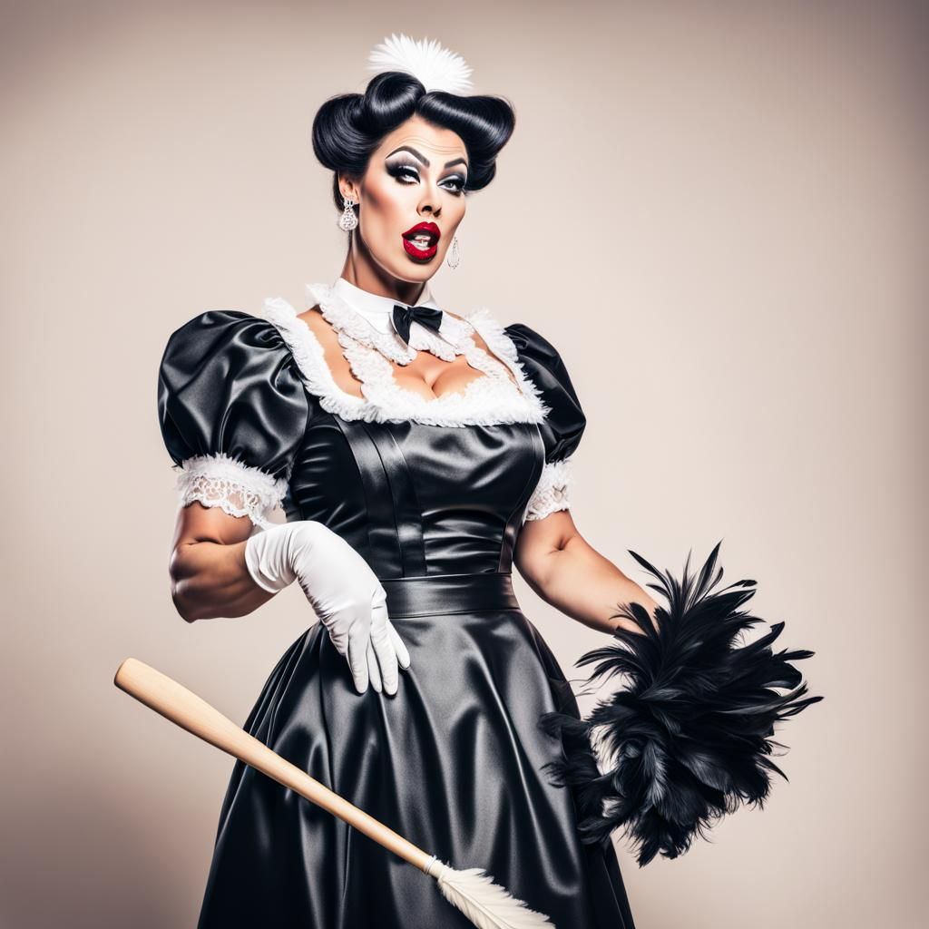 Annoyed Drag Queen Maid Cleaning with Duster