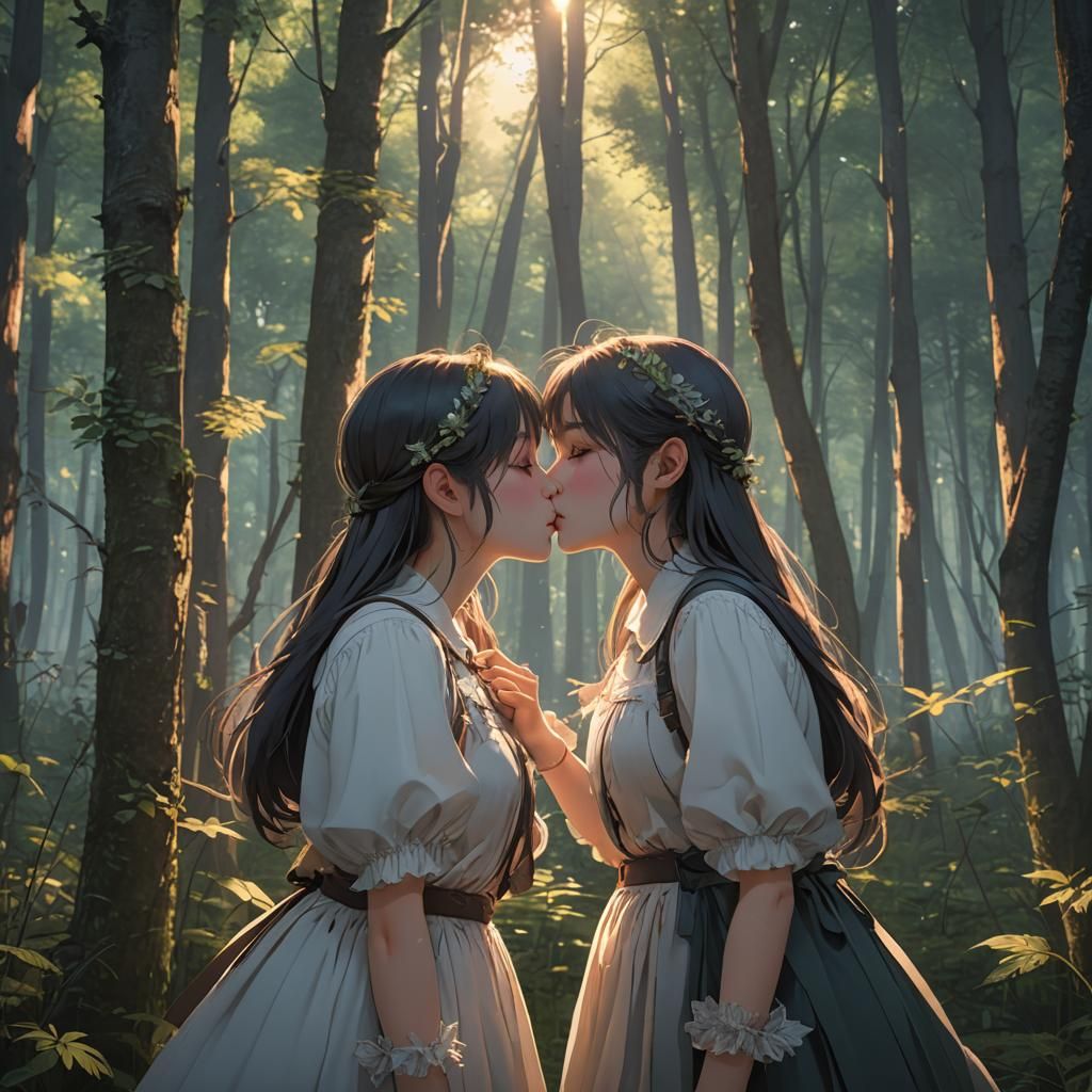 Anime Style: Two Women Kissing in Forest