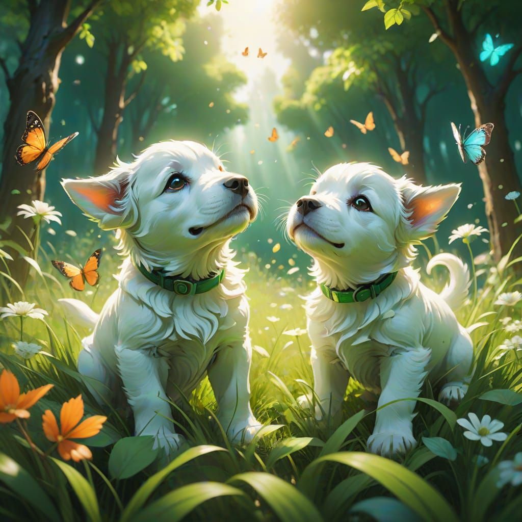 Whimsical Puppies in Enchanted Summer Scene