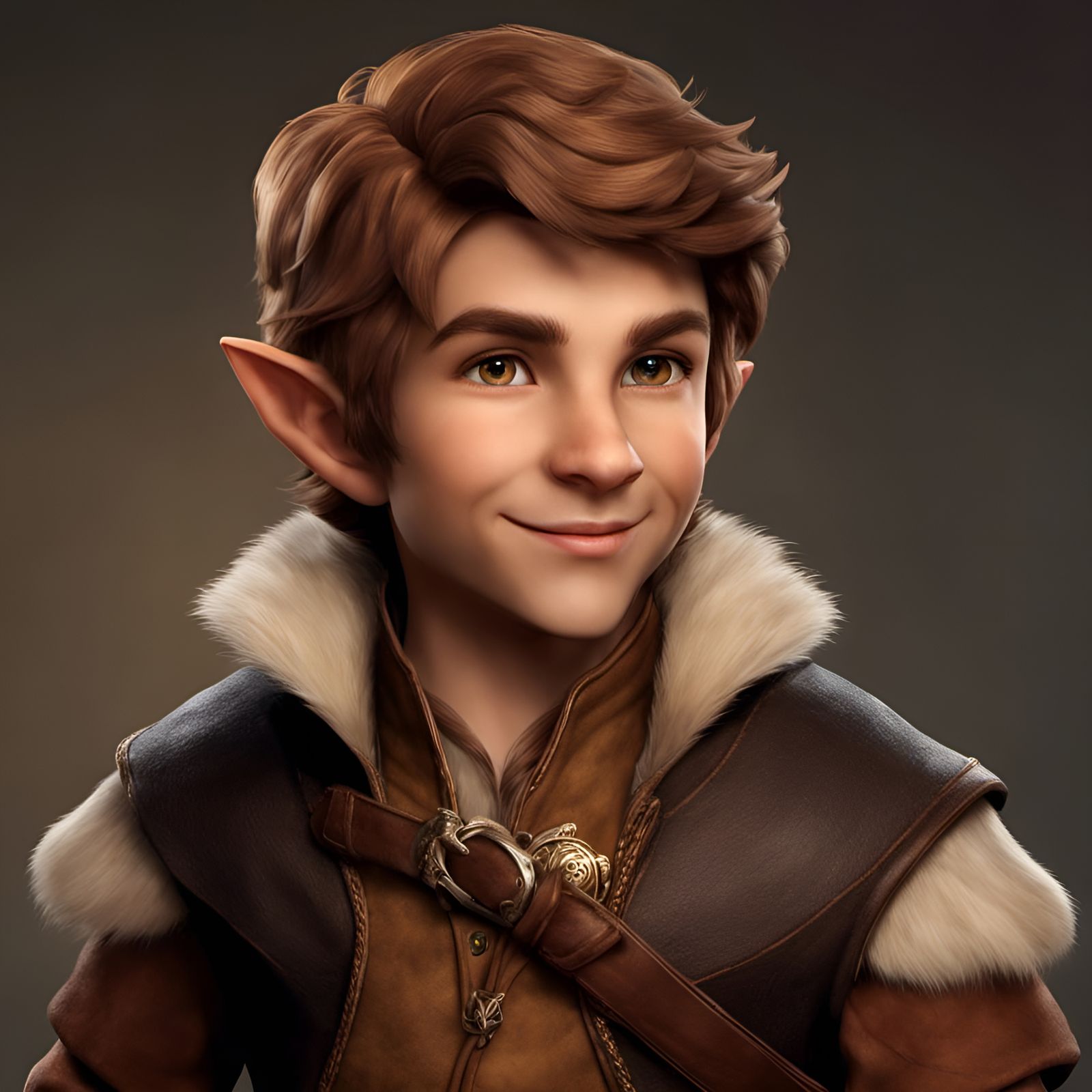 Handsome male halfling, rogue, arcane trickster, cheeky grin, troublemaker with a conscience, walnut colored hair, brown...