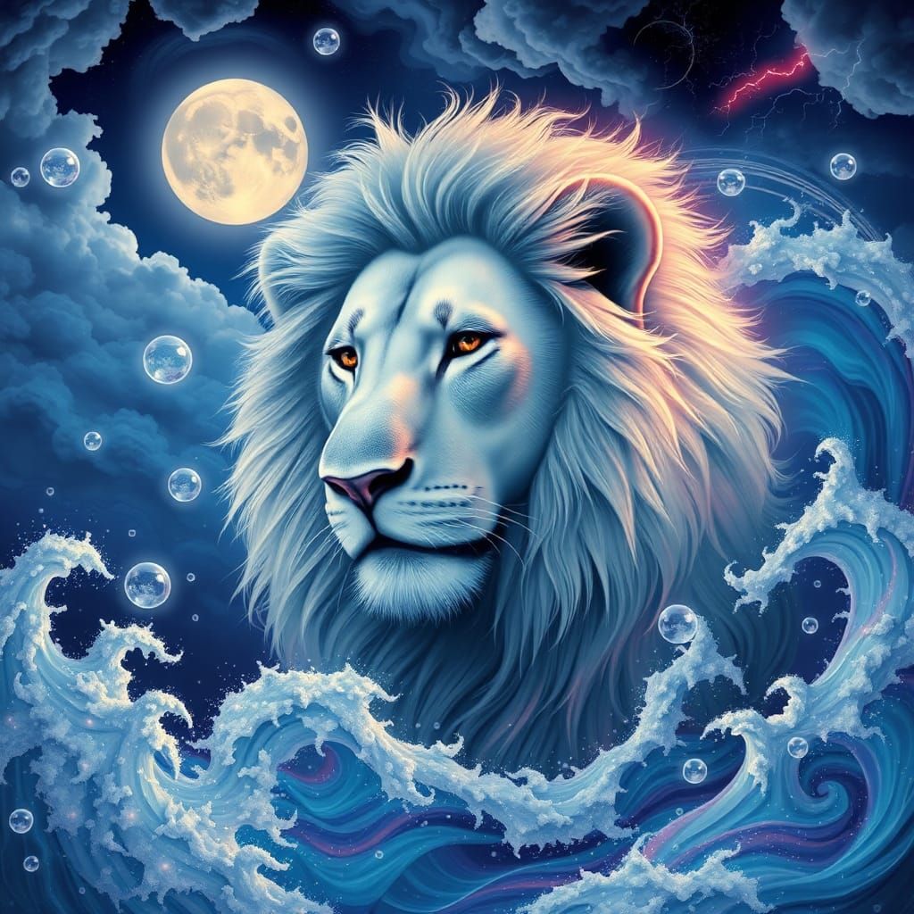 Lion Emerges from Musical Waves, Dreamlike Scene