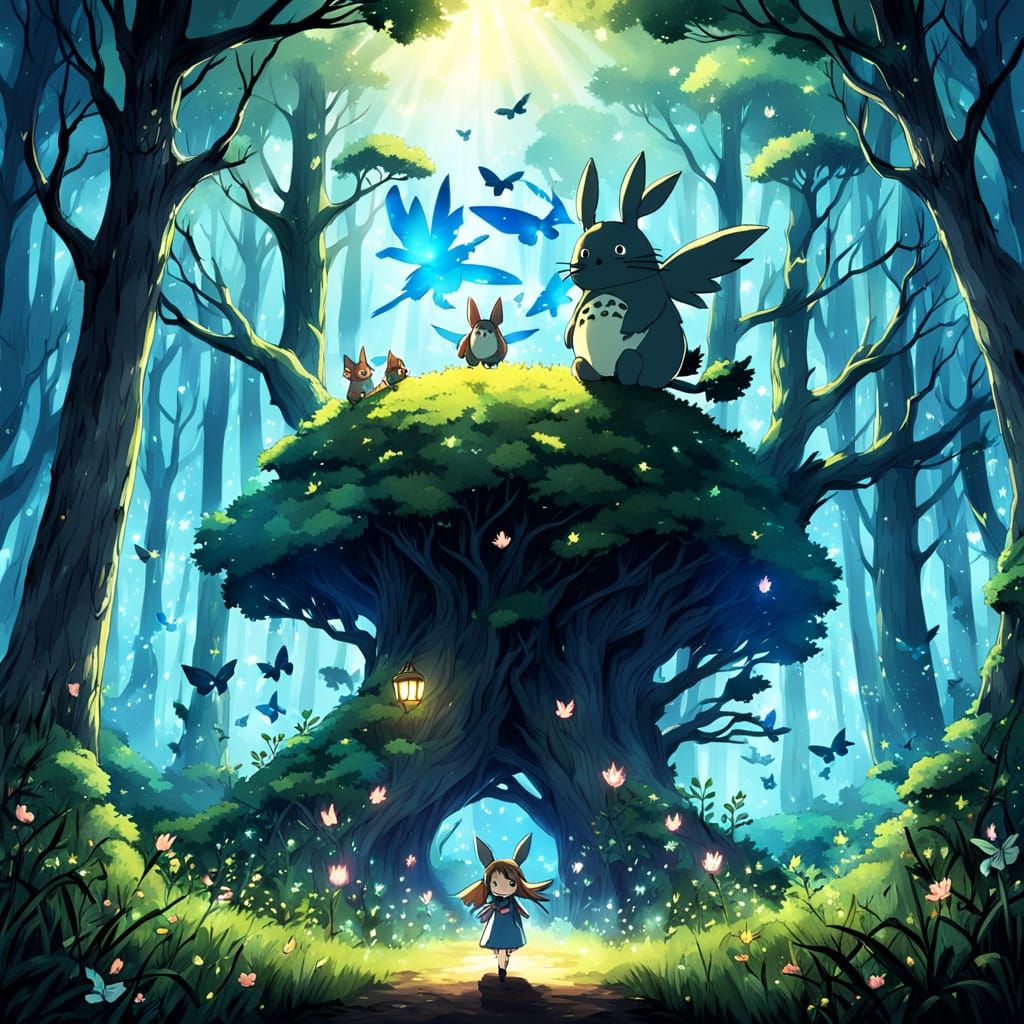 Whimsical Forest at Night with Totoro and Mythical Creatures