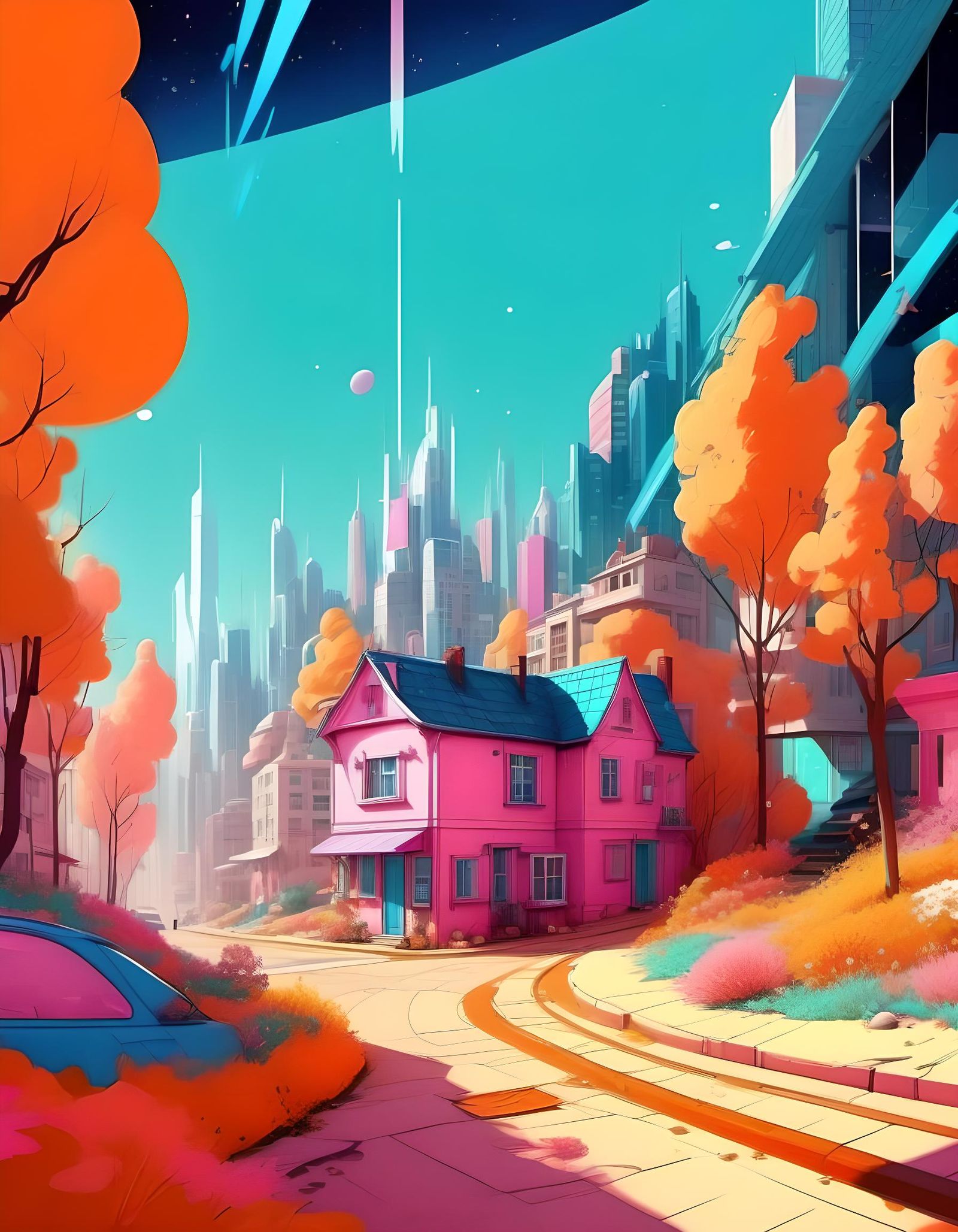 Pink House in Futuristic City: Cel-Shaded Digital Art