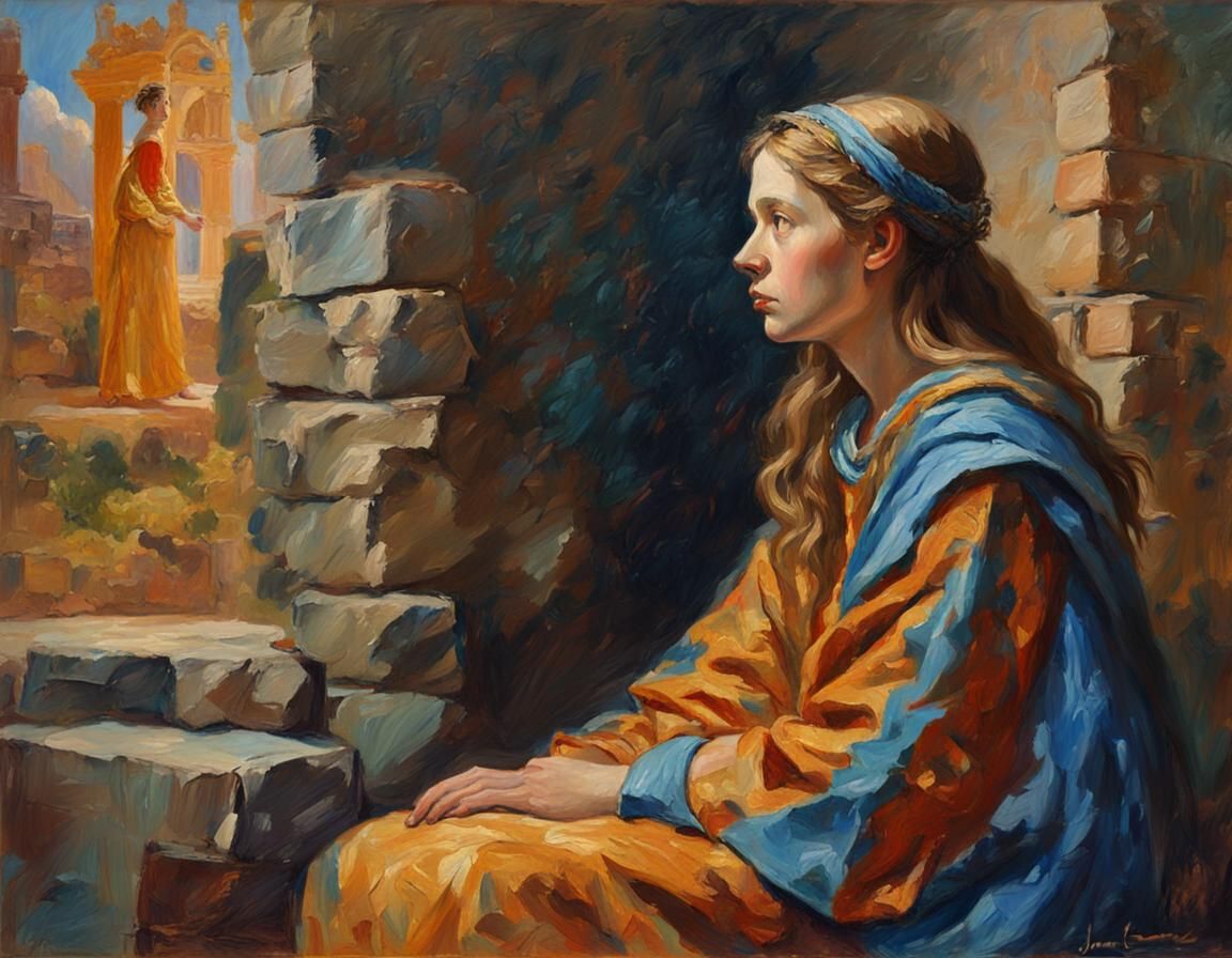 Medieval Goddess Contemplation in Impressionist Style