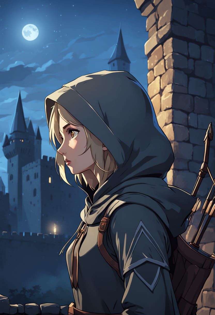 Anime Archer in Castle with Regretful Gaze