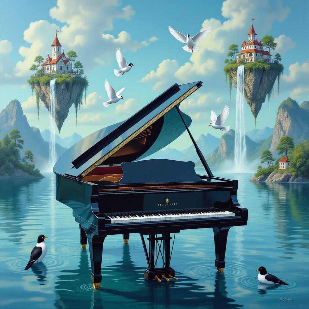 Surreal Piano in Lake: Hyperrealistic Oil Painting