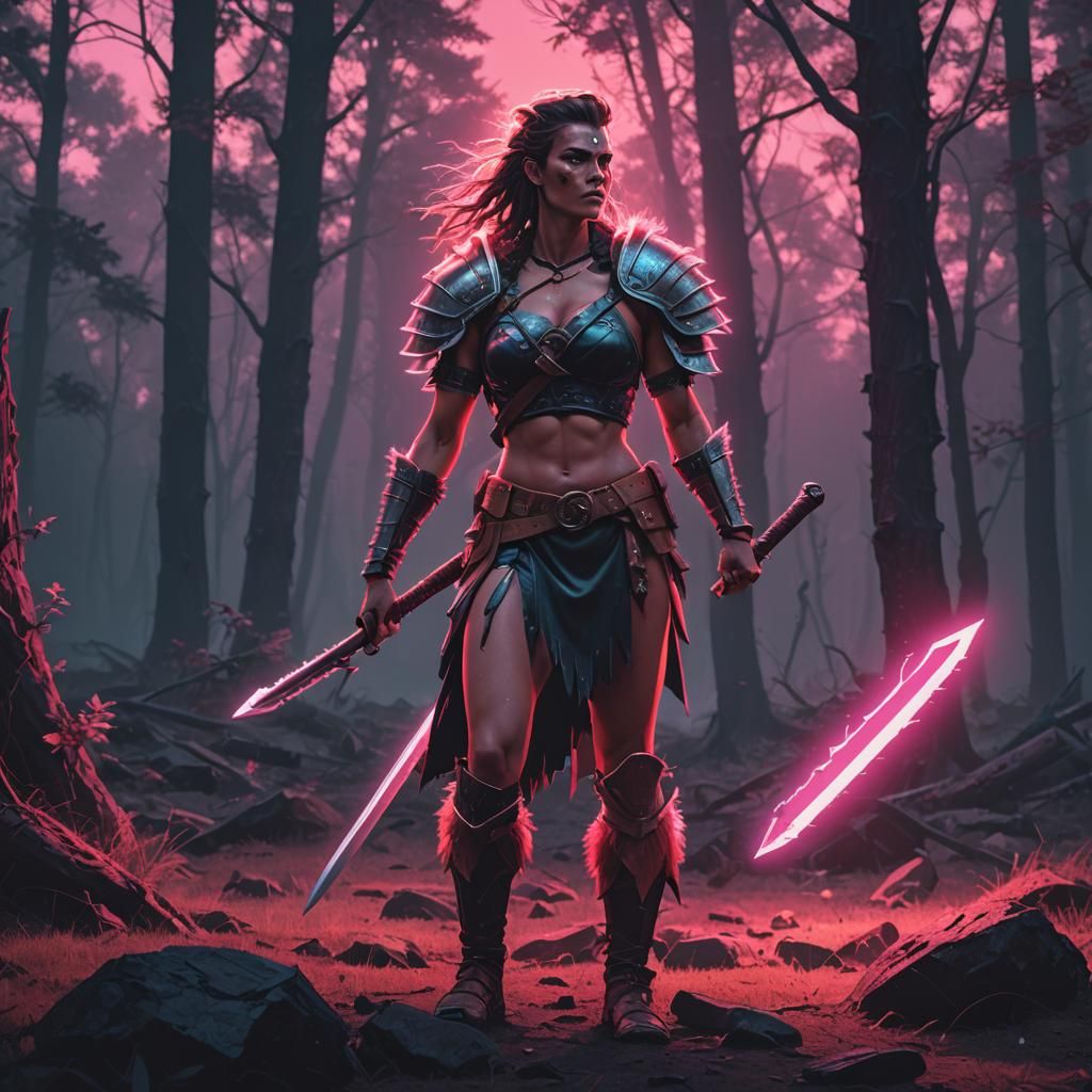 Female Barbarian Warrior in Synthwave Neon Style