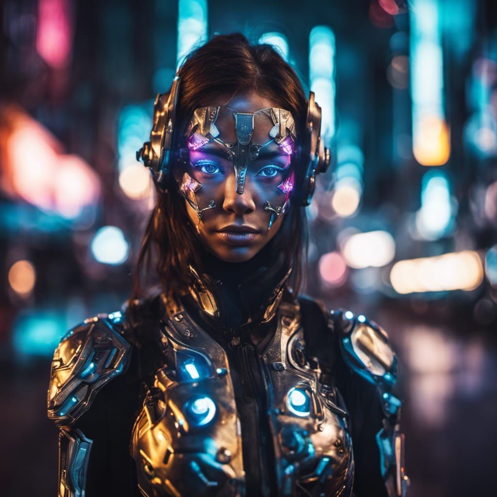 Cyborg Girl in Neon City: Hyperrealistic Portrait