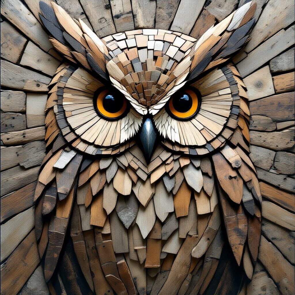 Driftwood Owl Mosaic in Artisan Style