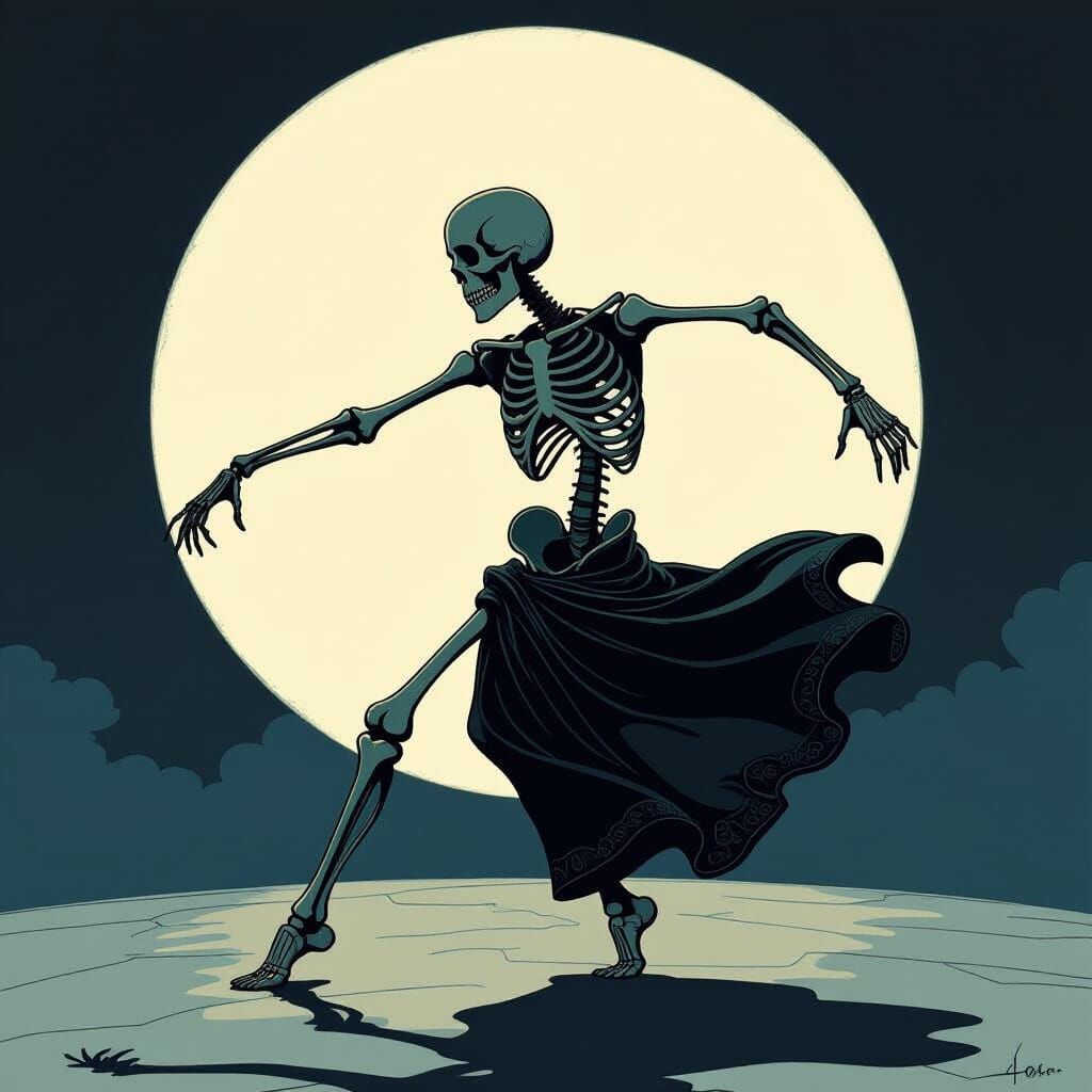 Skeleton Dancer Under Ethereal Moon in Gothic Style