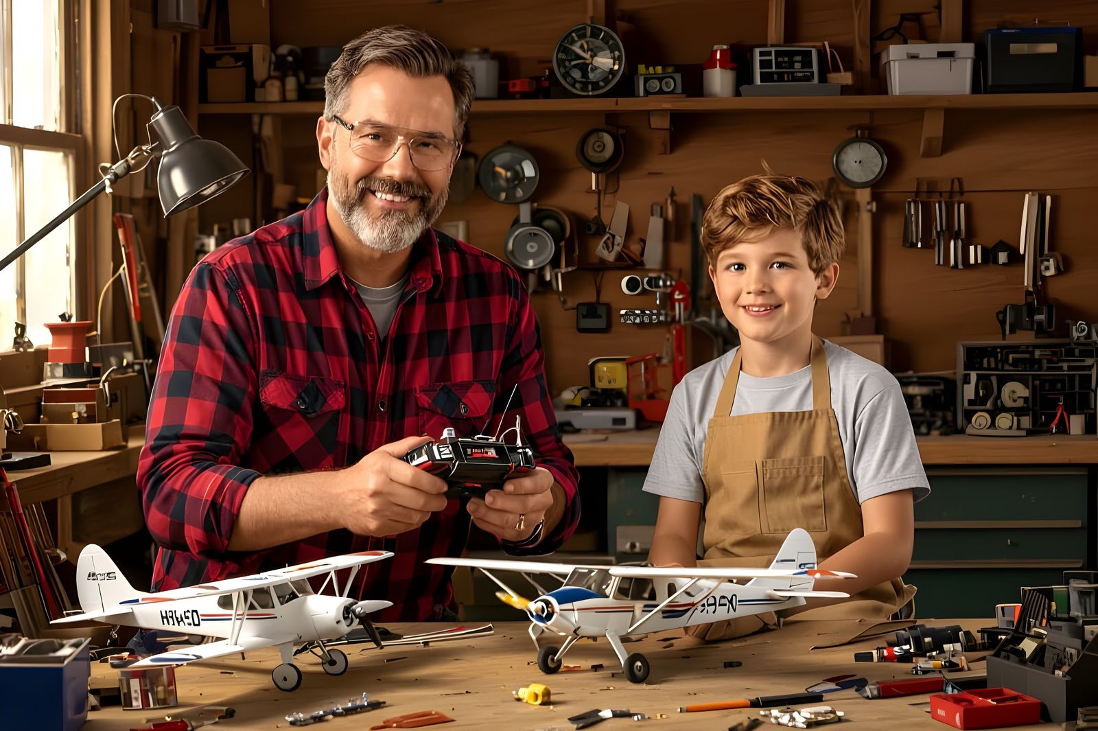 Father and Son Building Airplane, Rockwell Style