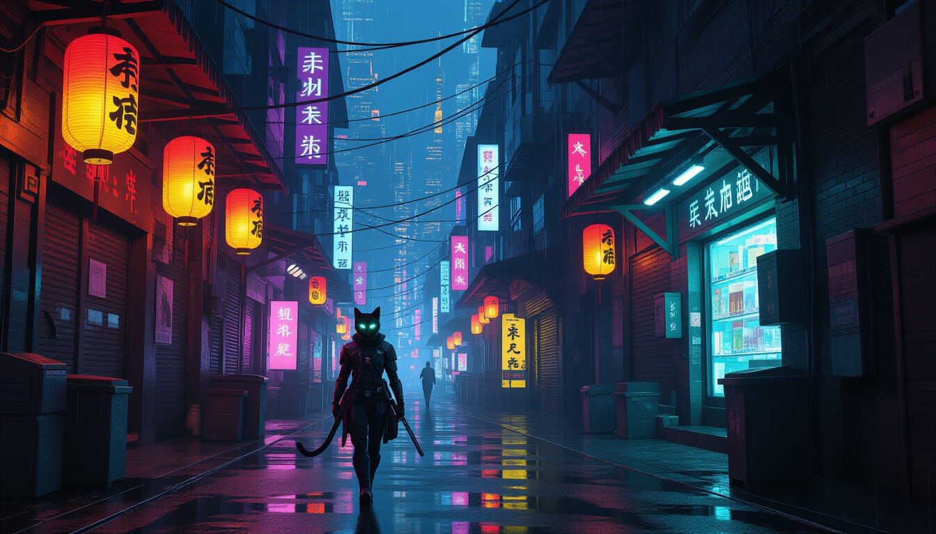 Cyber Ninja Cat in Neon Cyberpunk Alleyway