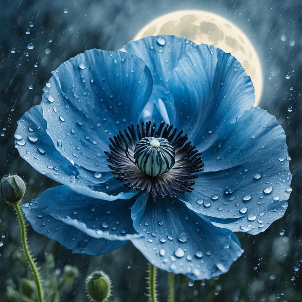 Blue Poppy Under Full Moon in Watercolor Style