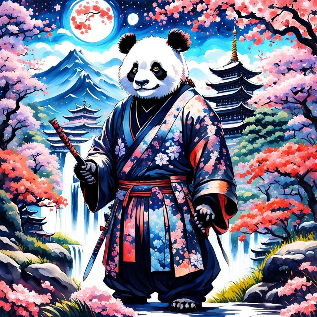 Gothic Panda Samurai in Cosmic Garden, Gouache Style