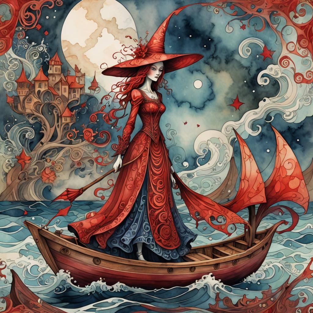 Red Witch on a Boat in Watercolor Style