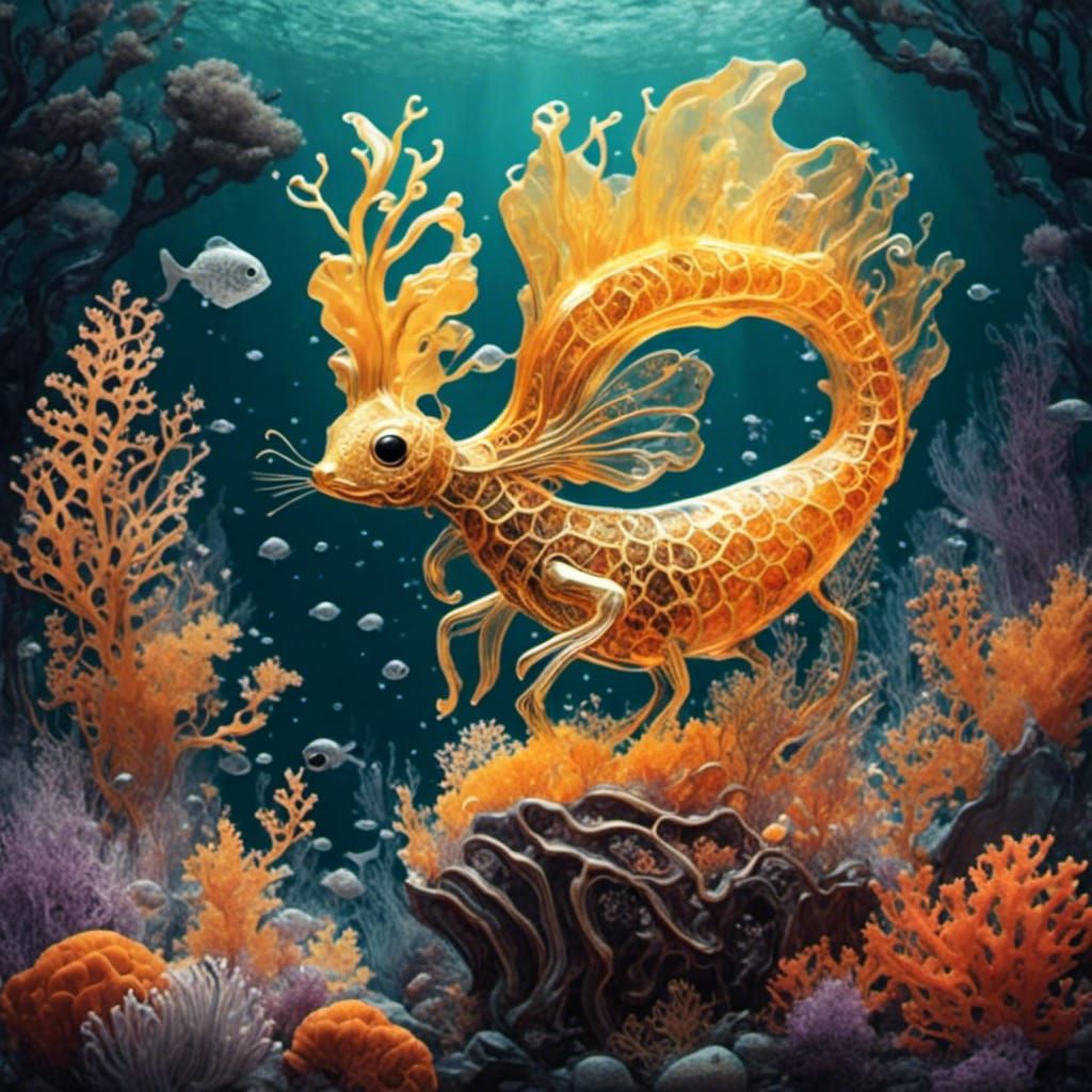 Amber Sculpture of Cute Creature in Coral Reef