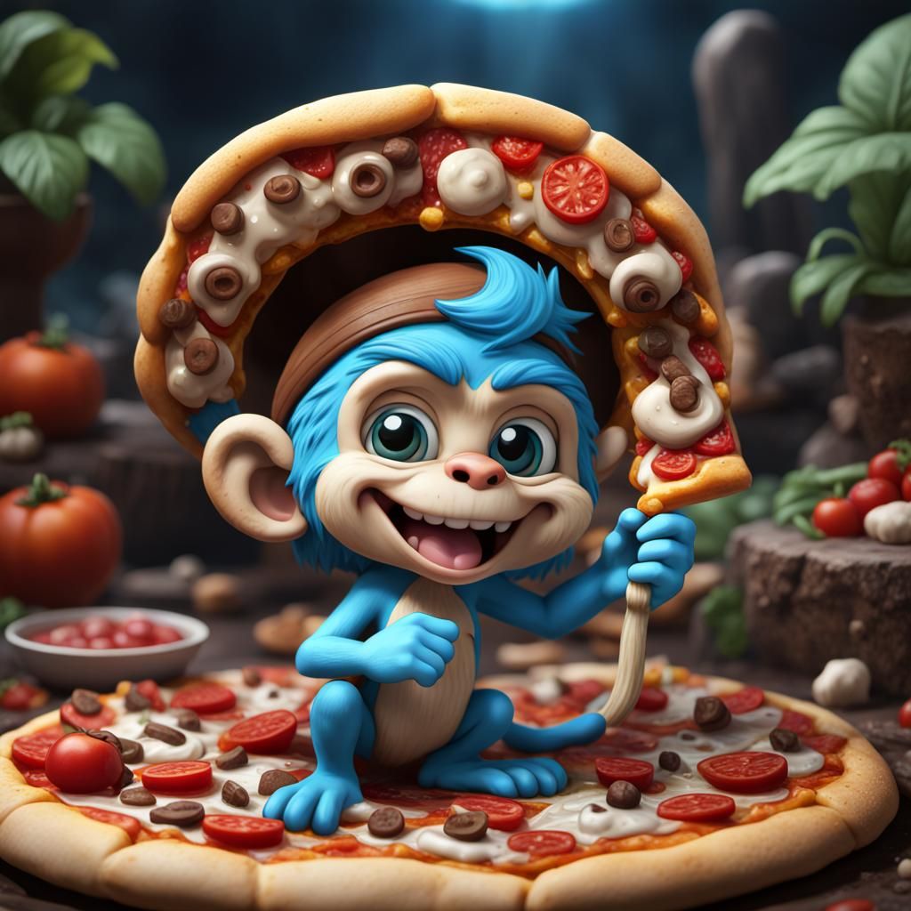 Chibi Smurf Monkey Pizza: Detailed Fantasy Art