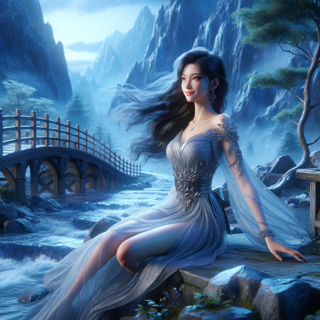 Norse Goddess on Bridge Under Moonlight