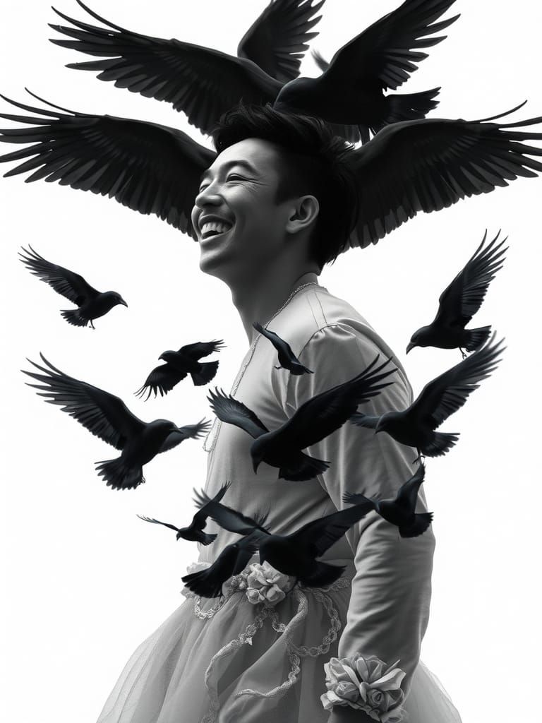 Surreal Raven Dress Portrait in Black and White
