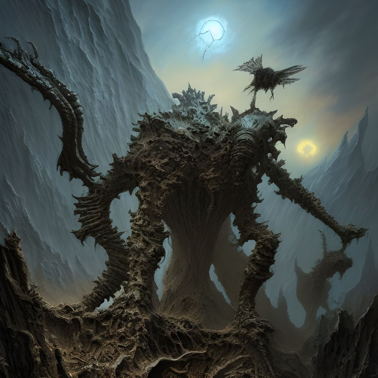 Eldritch Nephilim Fossils in Sci-Fi Landscape