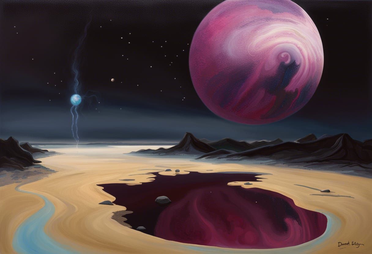 Jupiter-like Landscape with Magenta Mushrooms
