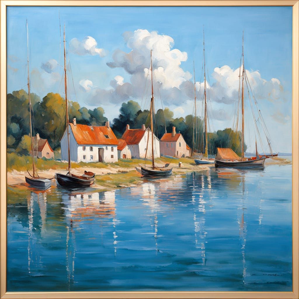 Oil Painting of South American Fishing Village at Sunset