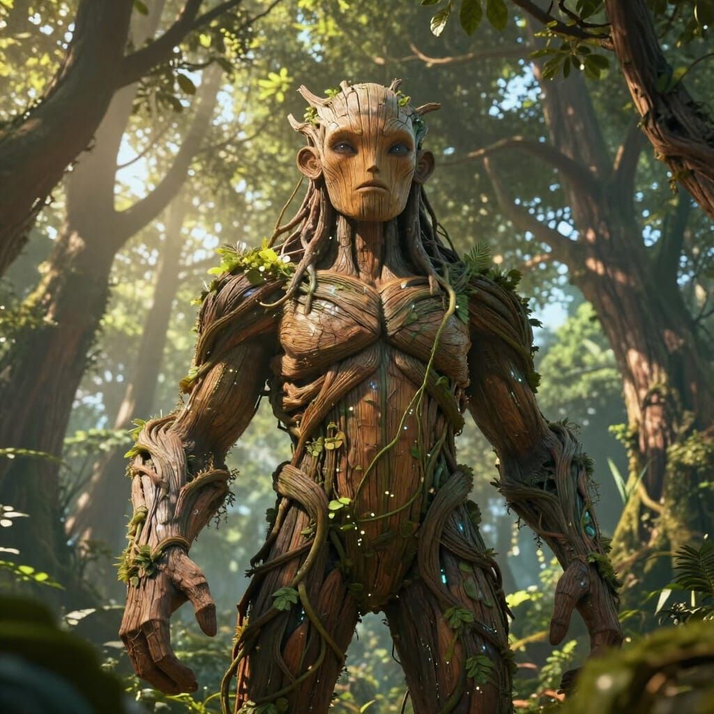 Colossal Sentient Tree Giant in Sunlit Alien Forest