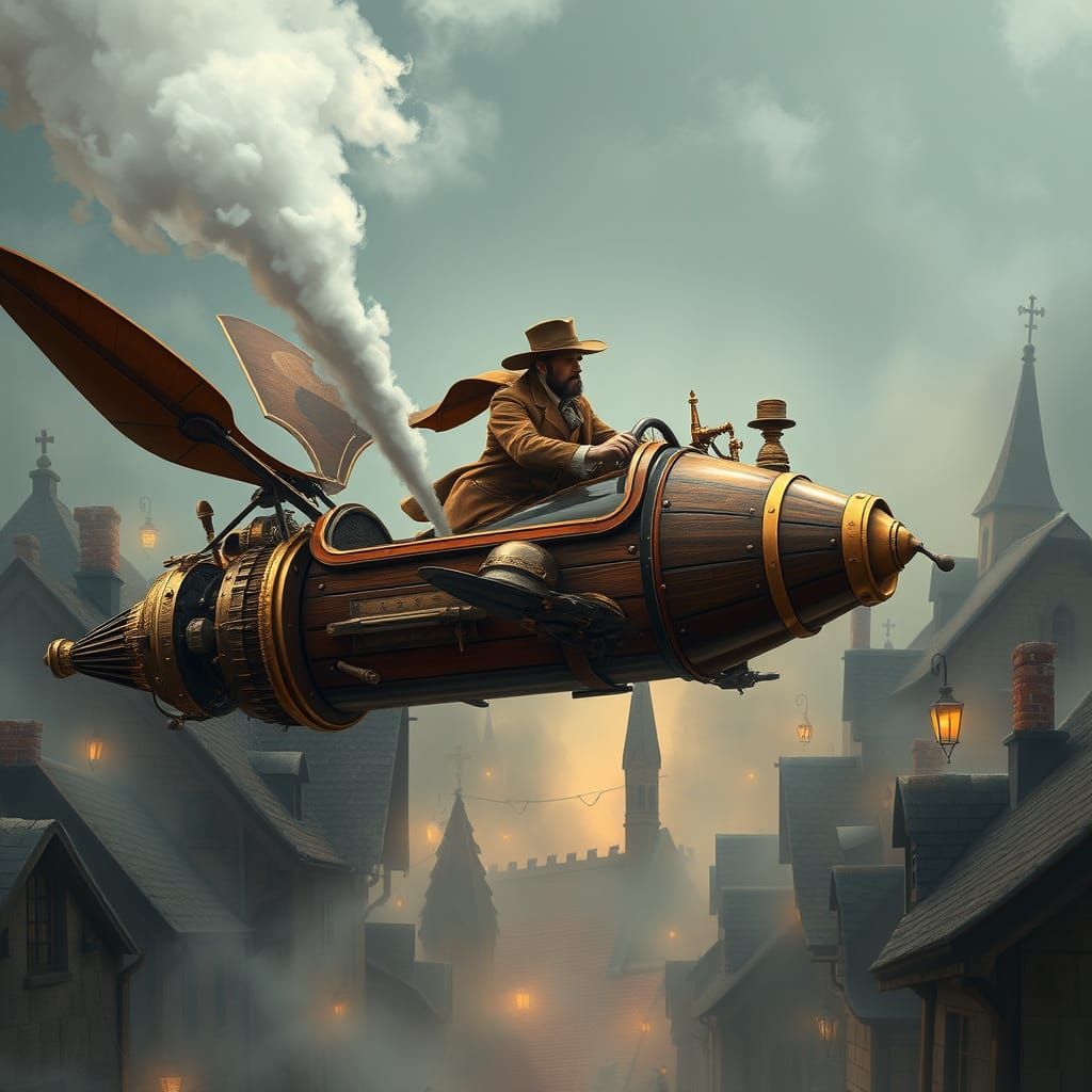 Elegant Victorian Gentleman Soars Above Medieval Town in Ste...