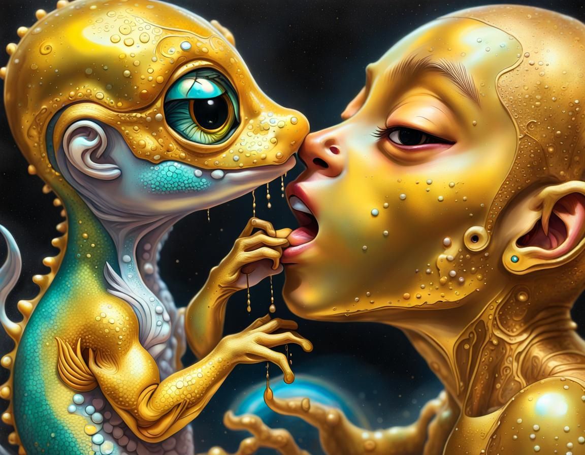 Gecko Kissing Moon: Whimsical Photorealistic Graffiti Art