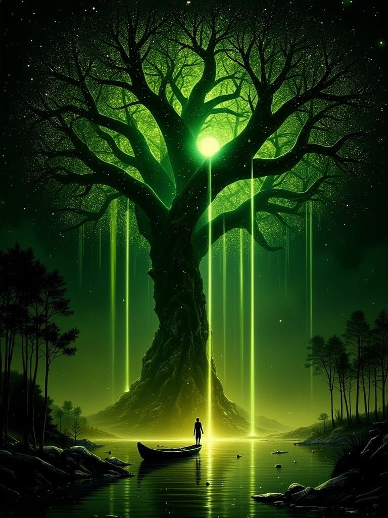 Ancient Golden Tree of Light Over Dark Water