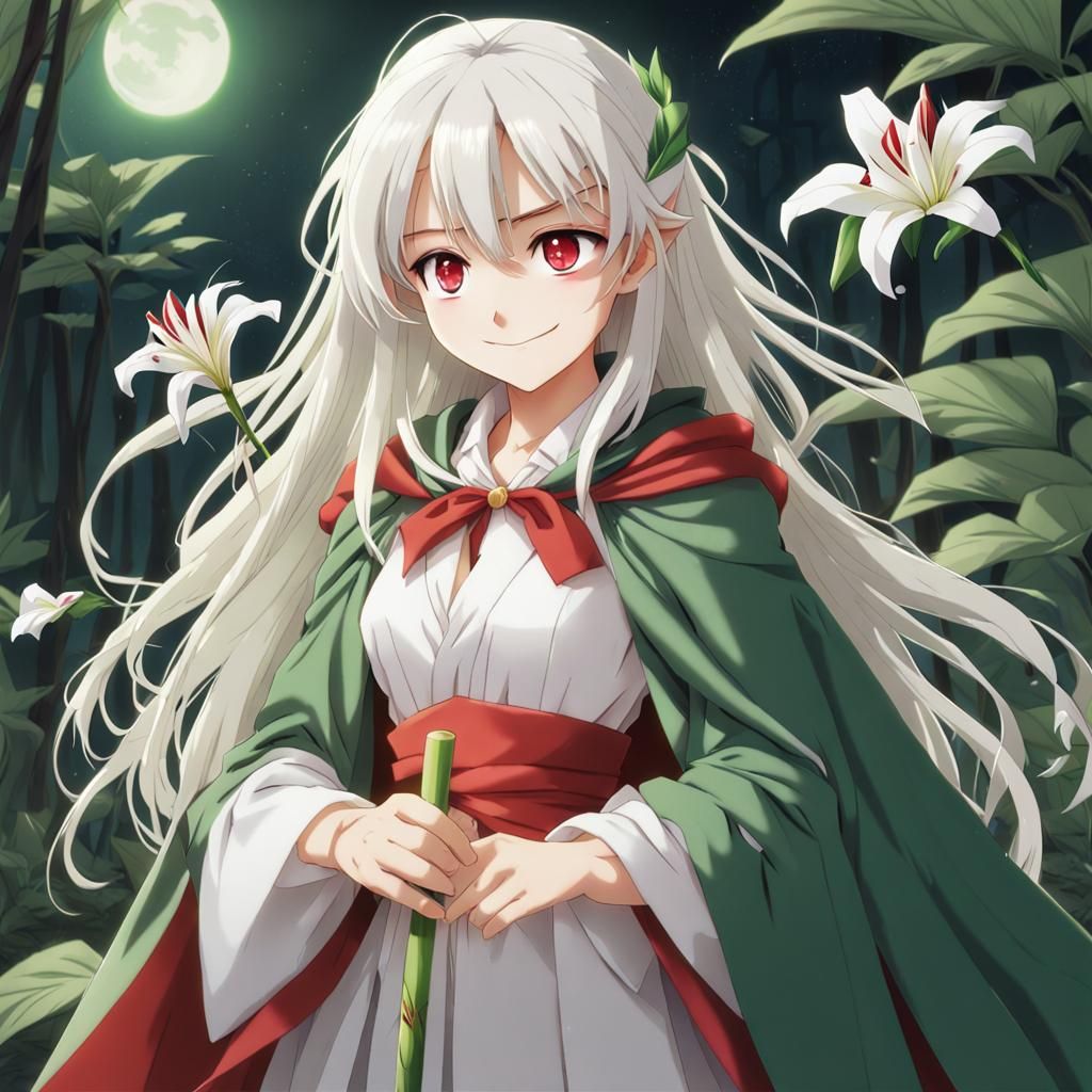 Anime Style White Lily Character with Red Eyes