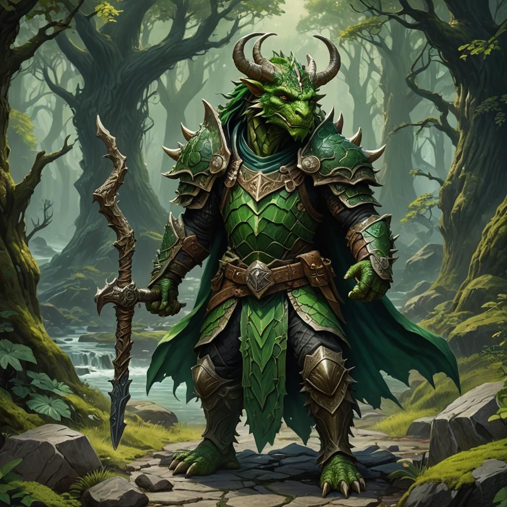 Green Dragonborn Druid in a Fantasy Painting