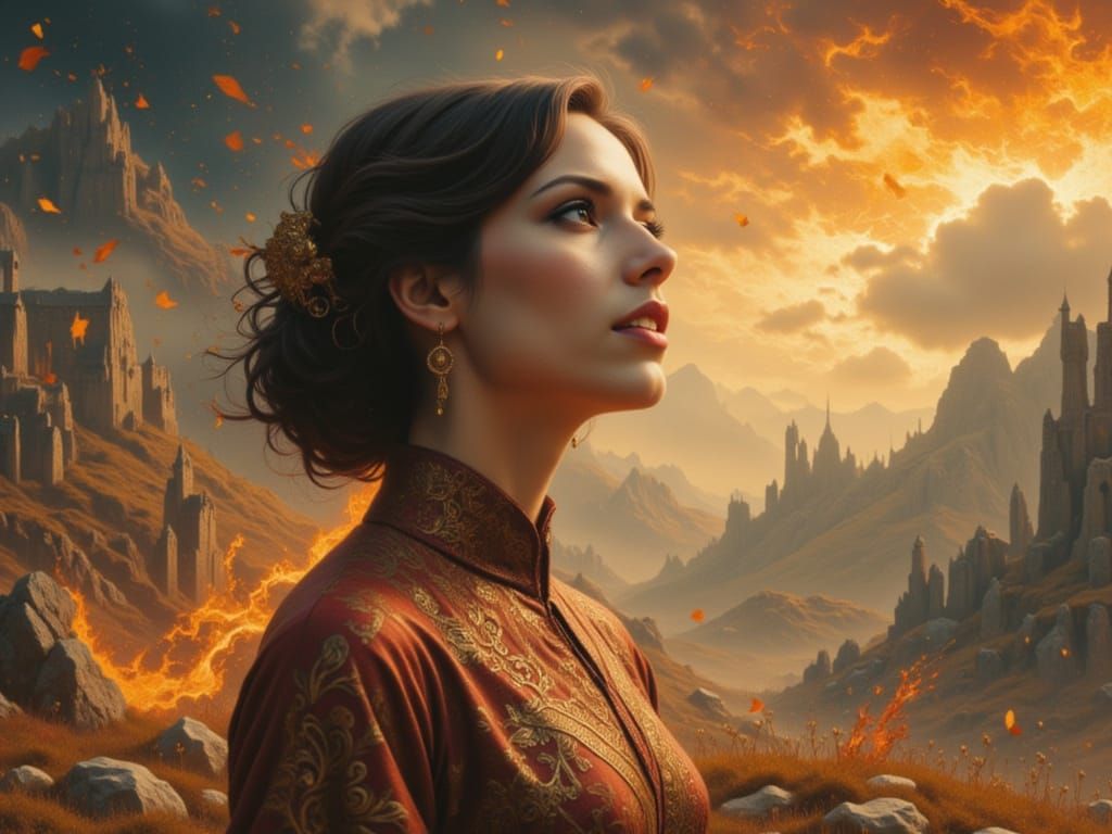 Woman Gazes at Fiery Sky in Ornate Concept Art