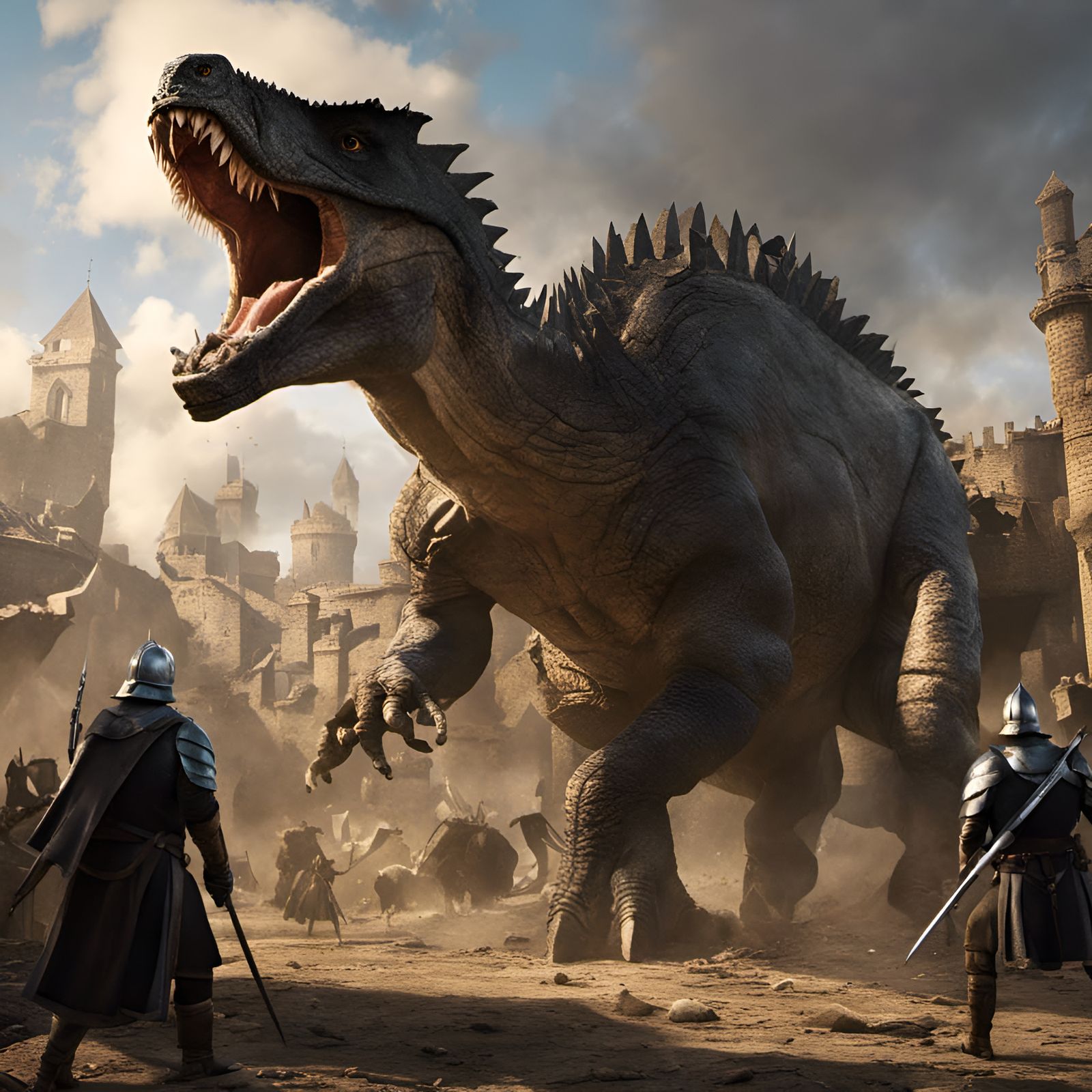 Dinosaur attacks a medieval city