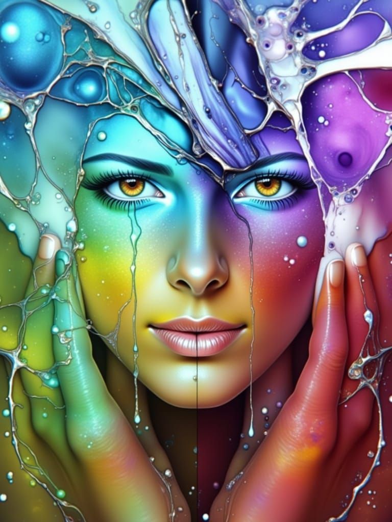 Vibrant Rainbow Drips on Face with Brown Eyes