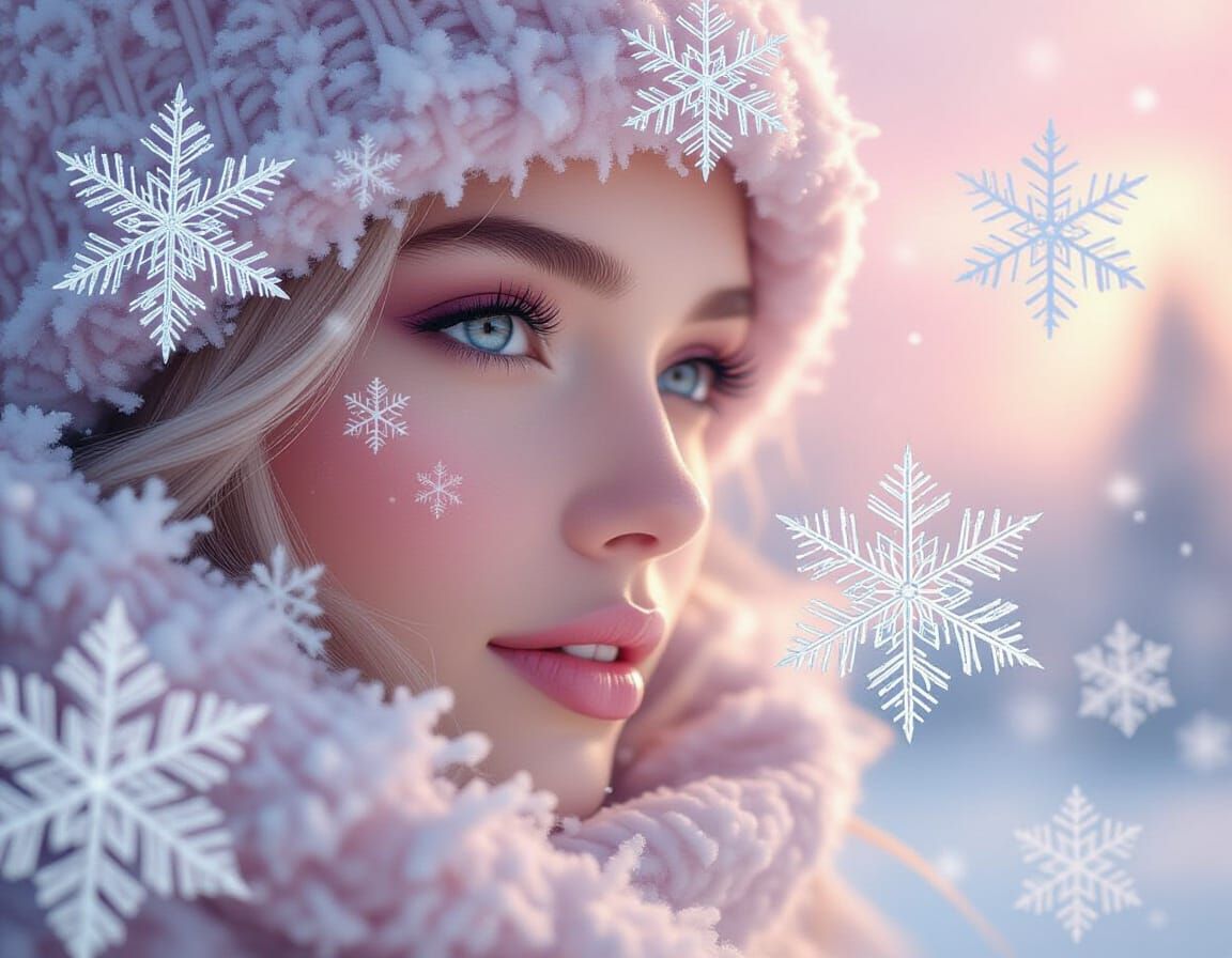 Detailed Snowflakes Swirling in Pink and Silver Sky