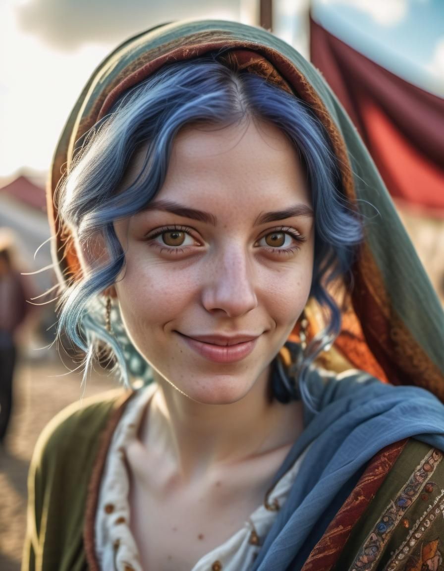 Renaissance-Style Close-Up of Woman with Blue Hair