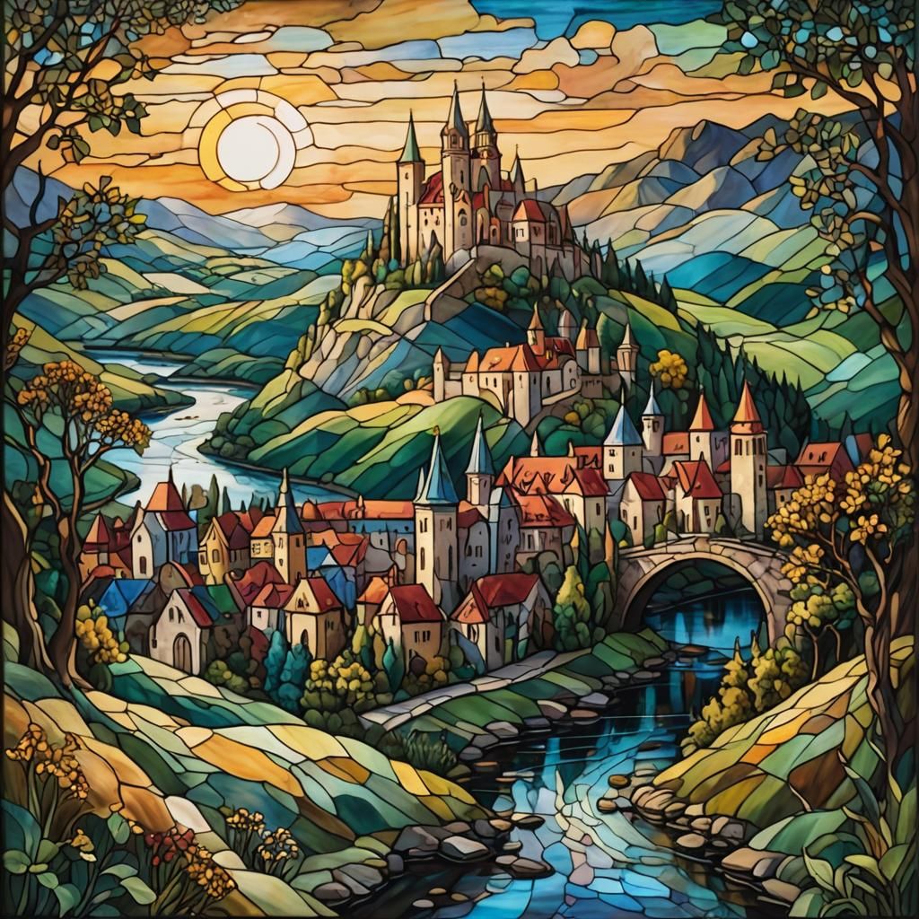 Medieval City in Stained Glass Art