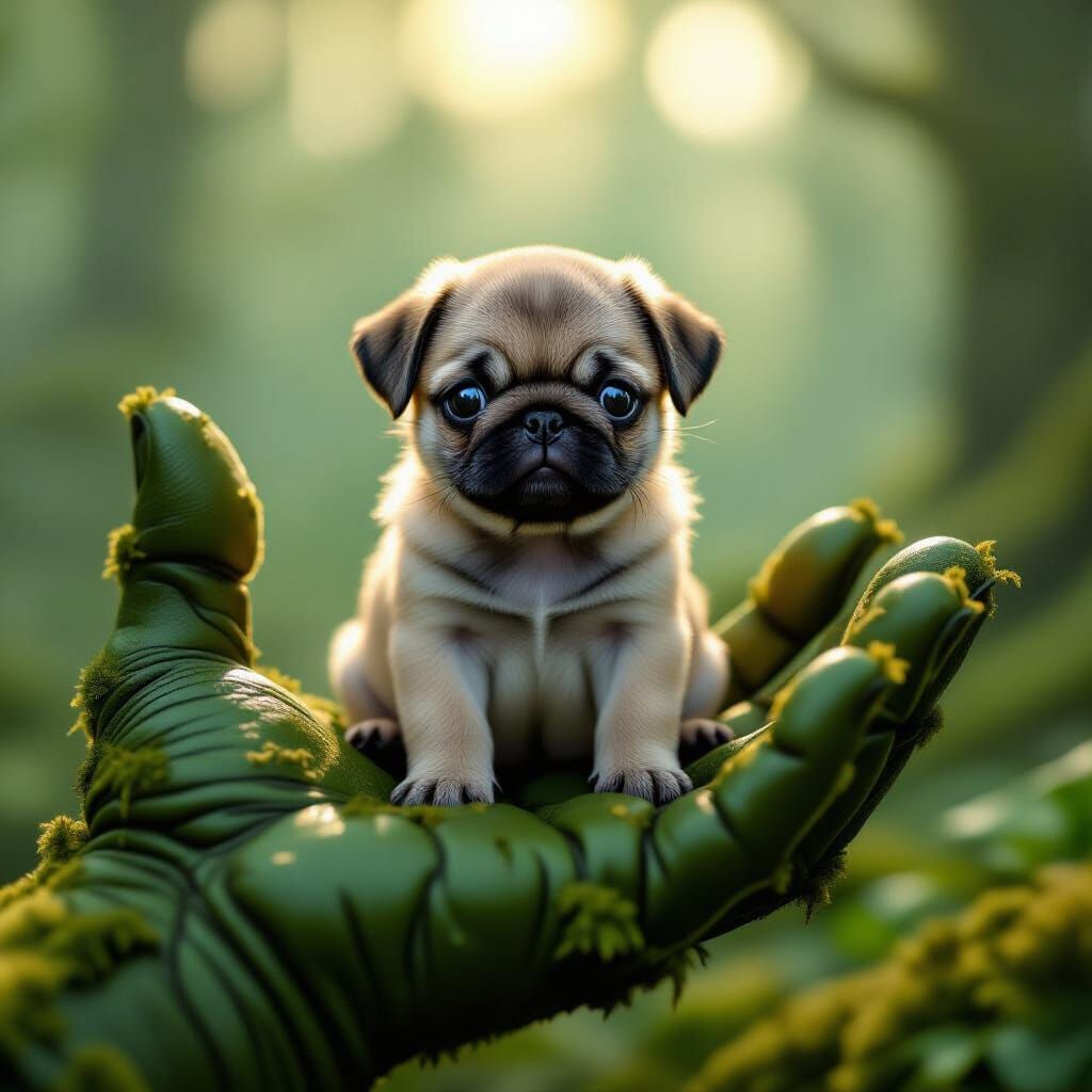 Pug Puppy on Monstrous Hand, Surreal Anime Style