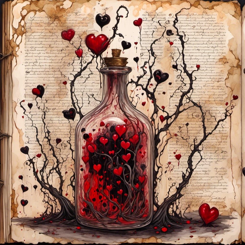 Glass Bottle of Love Potion on Parchment Page