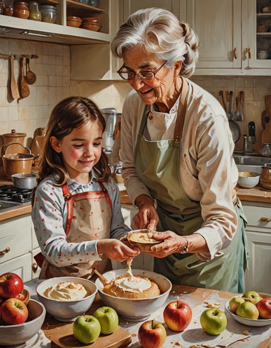 Girl Baking with Grandmother: Golden Hour Oil Painting