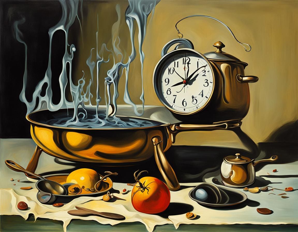 Surreal Kitchenscape with Melting Clocks in Oil Paint