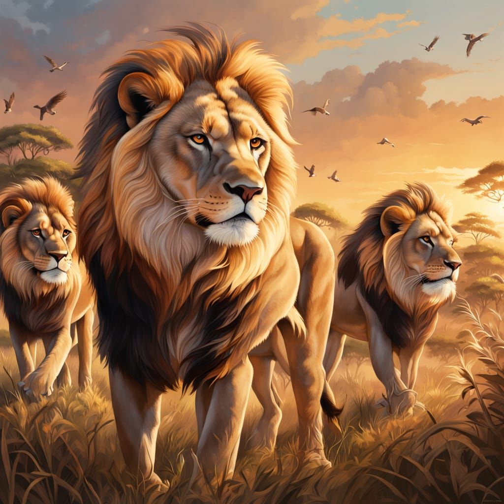 Majestic Lions in Golden Savannah Light
