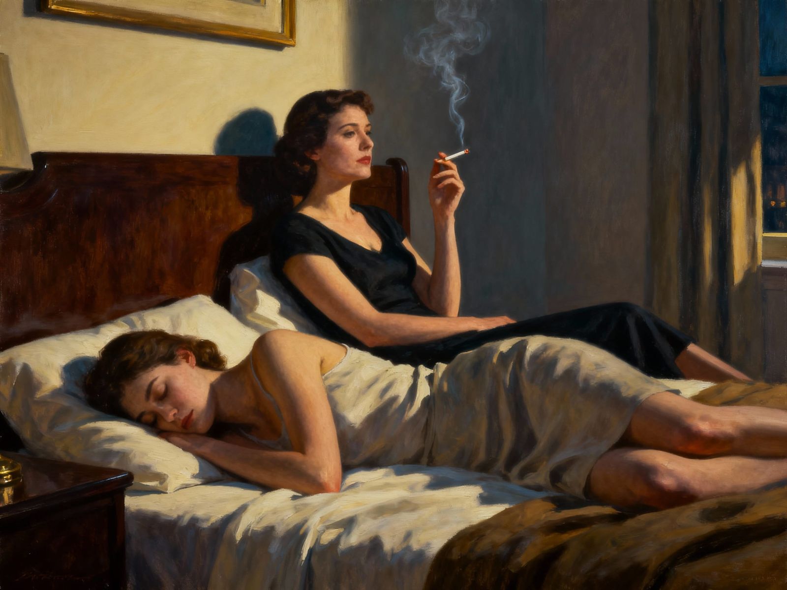 Edward Hopper Style Oil Painting of a Woman Smoking