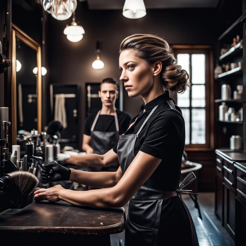 Hyperrealistic Female Hairdresser in Sharp Focus