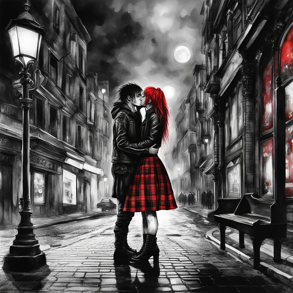 Gothic Punk Couple Kissing in Aquarelle Style