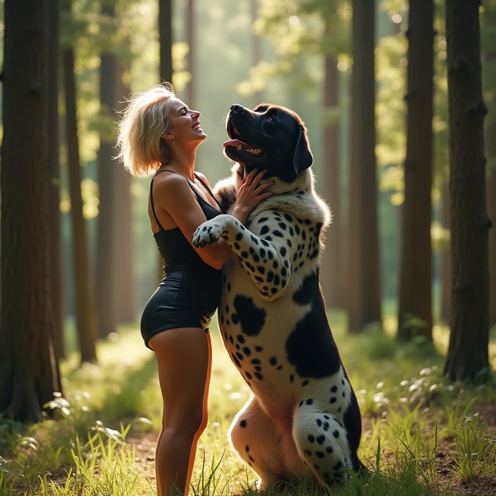 Woman and Mastiff Embrace in Forest Sunlight