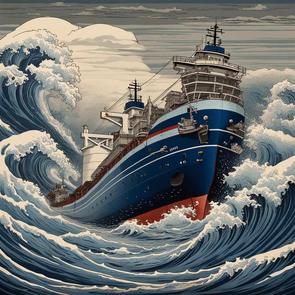 Oil Tanker Rides Tsunami in Hokusai Style