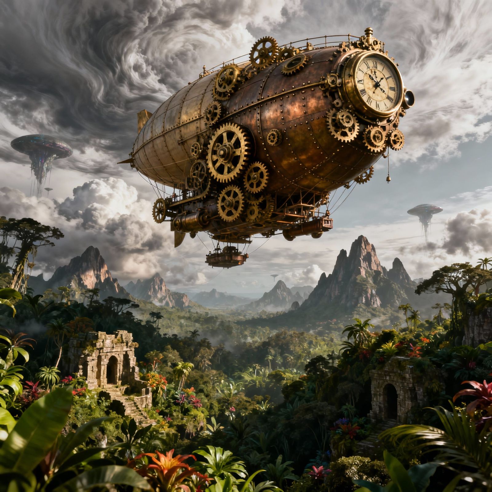 Steampunk Airship Over Jungle Ruins in Cinematic Light